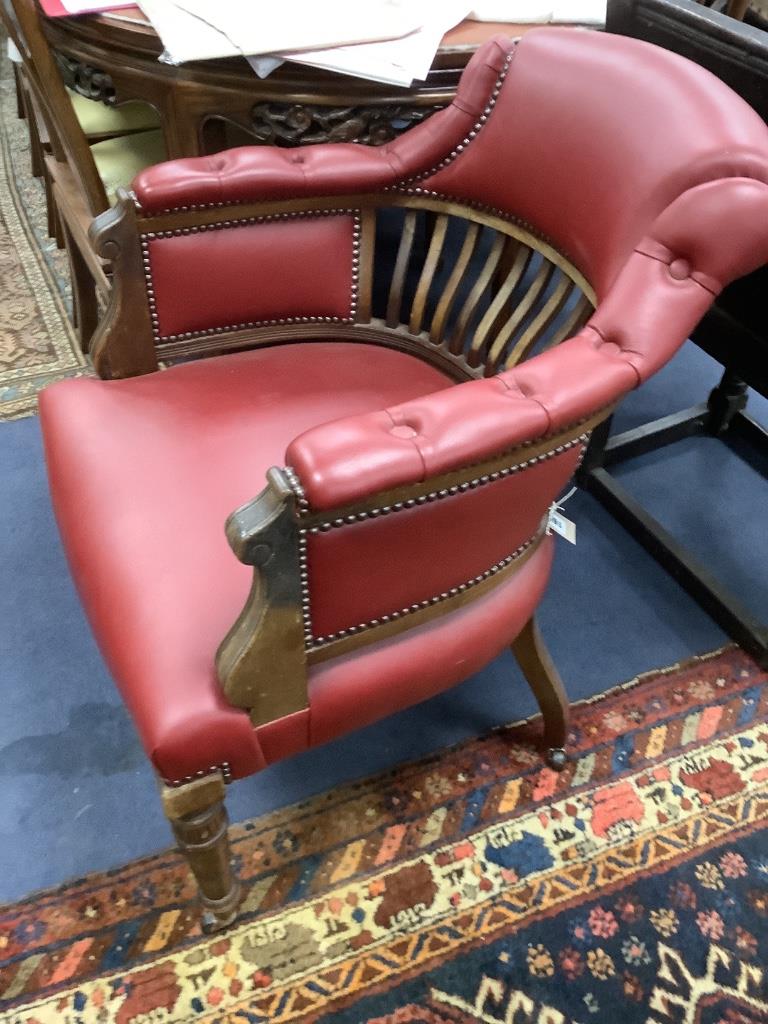 A late Victorian mahogany tub framed library chair, width 62cm, depth 80cm, height 90cm